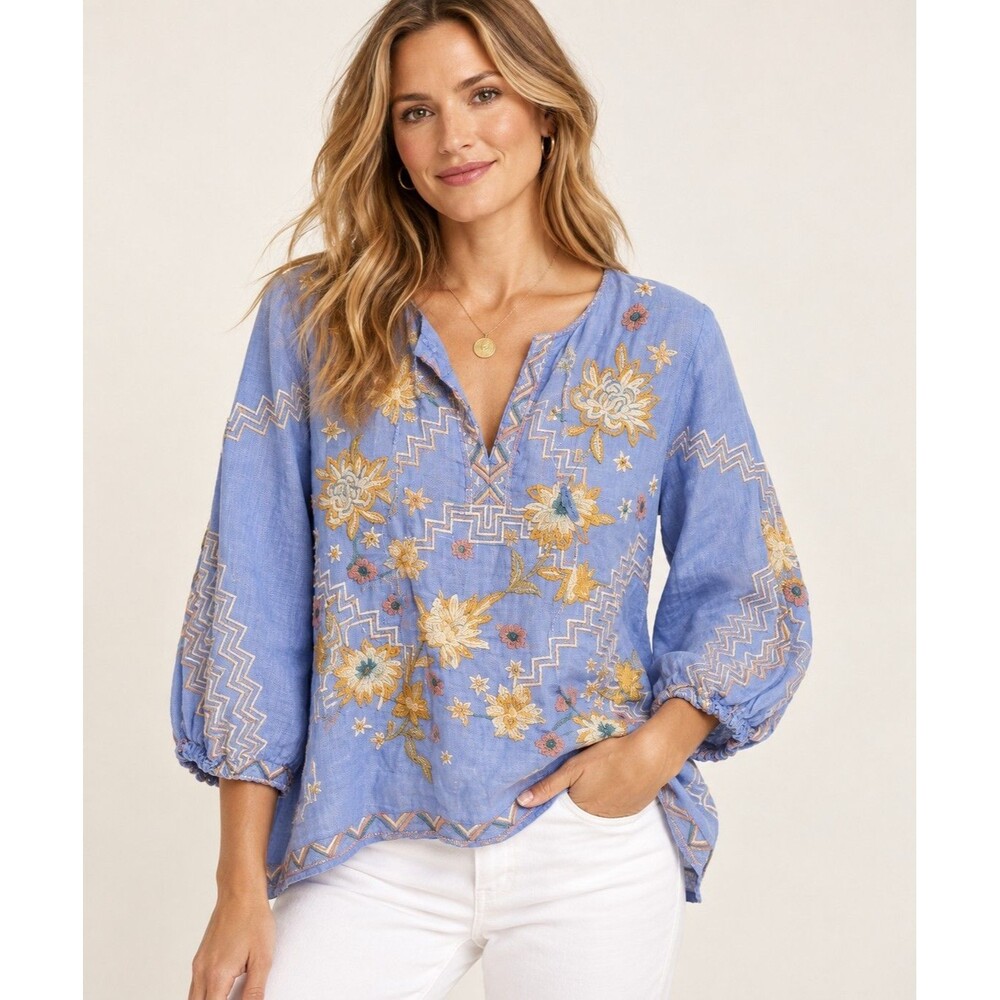 Johnny Was Elia Easy Linen Top Women’s M Blue Floral Embroidered Split Neck